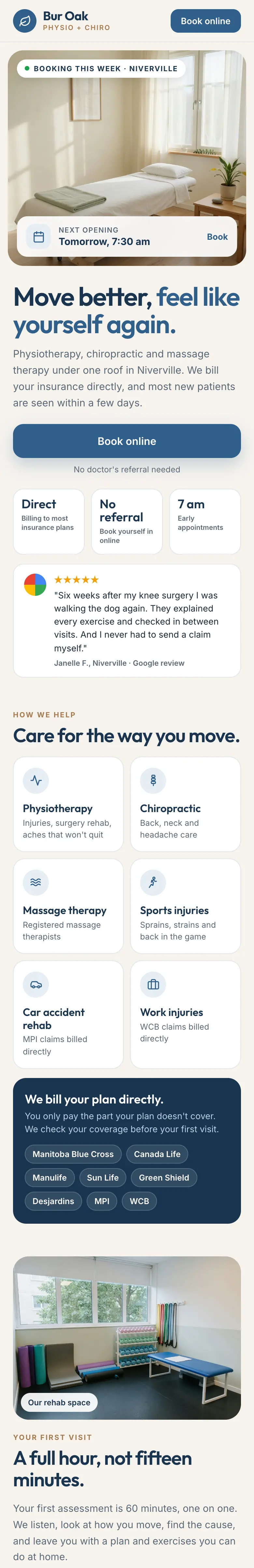 Example website design for Bur Oak Physio + Chiro
