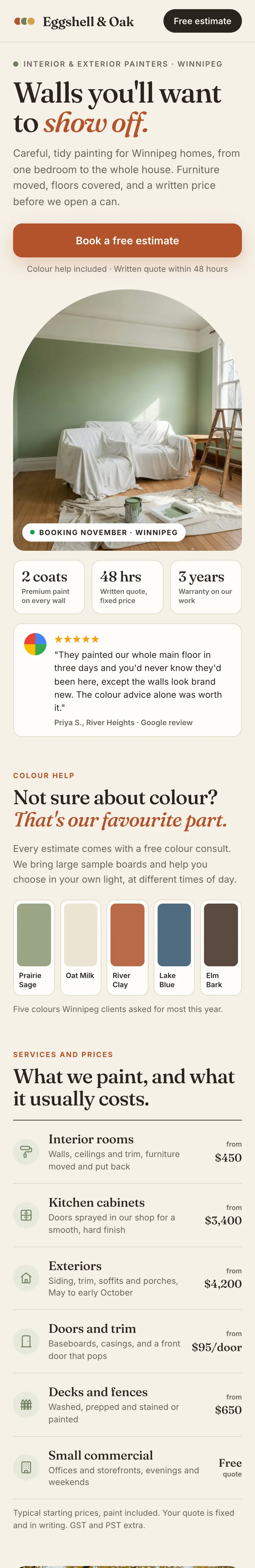 Example website design for Eggshell & Oak Painting