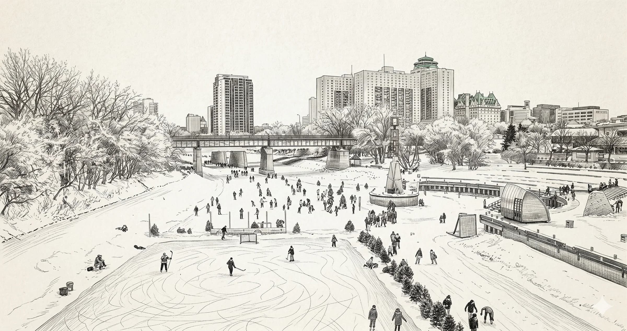 The Forks Winnipeg — river skating illustration with city skyline