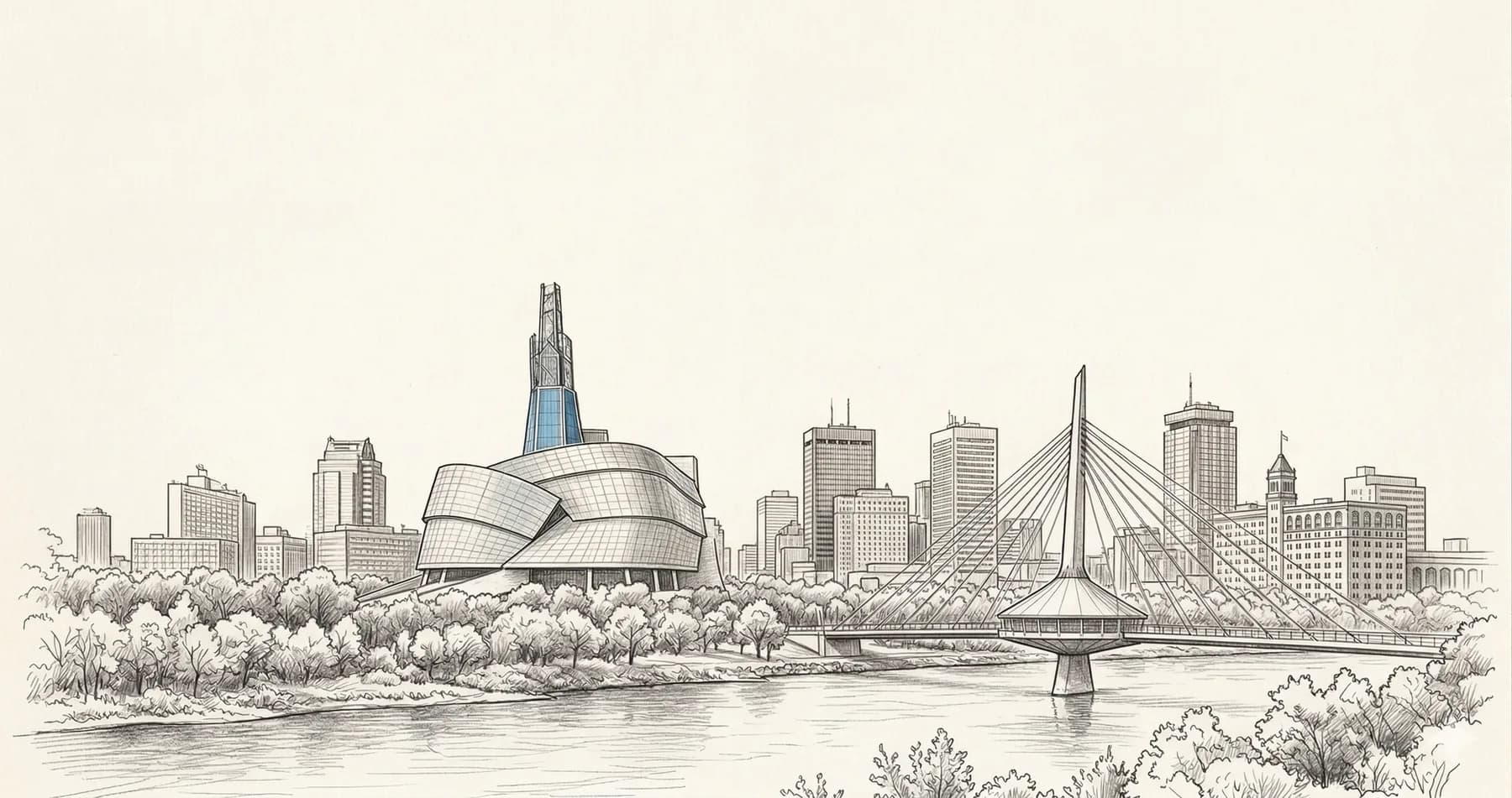 Winnipeg skyline — CMHR, Esplanade Riel bridge, and the Red River